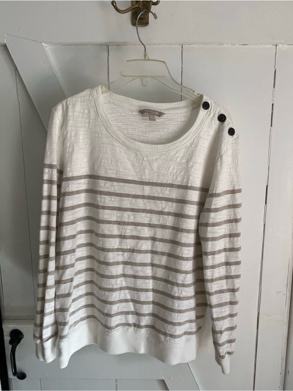 Banana Republic Cream & Taupe Striped Crewneck Sweater with Shoulder Buttons